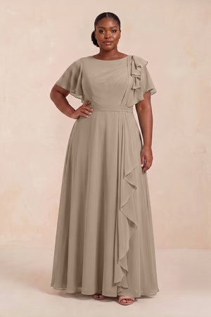 Almond Short Sleeves Bateau A-Line Chiffon Bridesmaid Dress (3) [sizeplus] | KISSBRIDAL