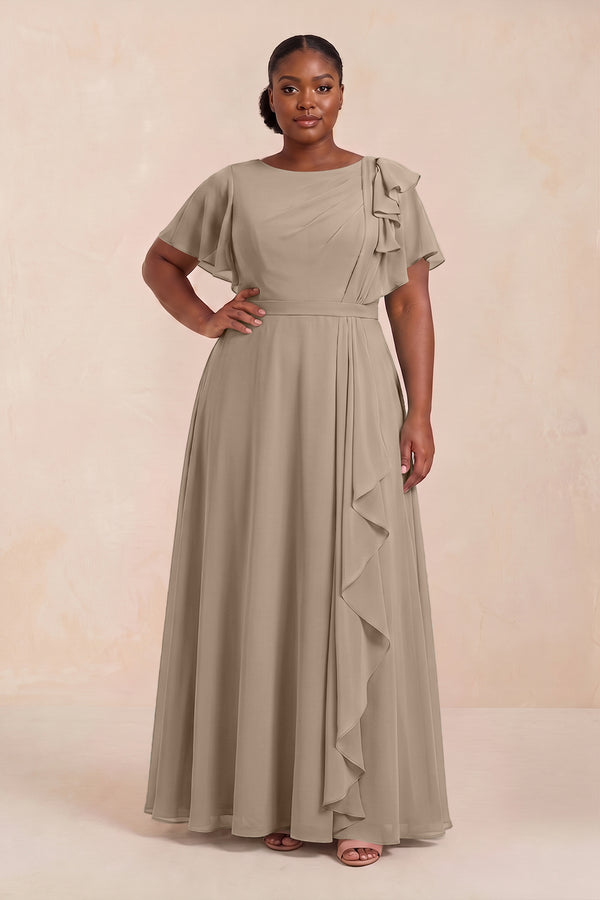 Almond Short Sleeves Bateau A-Line Chiffon Bridesmaid Dress (3) [sizeplus] | KISSBRIDAL