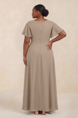 Almond Short Sleeves Bateau A-Line Chiffon Bridesmaid Dress (4) [sizeplus] | KISSBRIDAL
