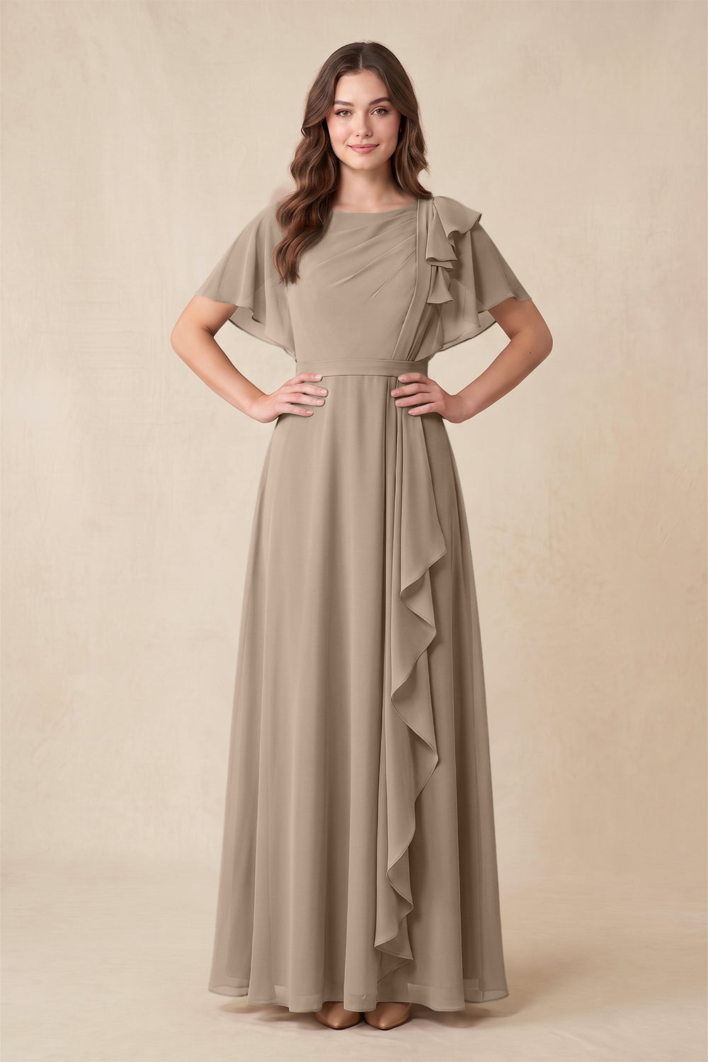 Short Sleeves Bateau A-Line Chiffon Bridesmaid Dress in Almond