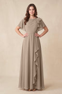 Almond Short Sleeves Bateau A-Line Chiffon Bridesmaid Dress | KISSBRIDAL