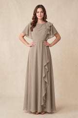 Almond Short Sleeves Bateau A-Line Chiffon Bridesmaid Dress | KISSBRIDAL