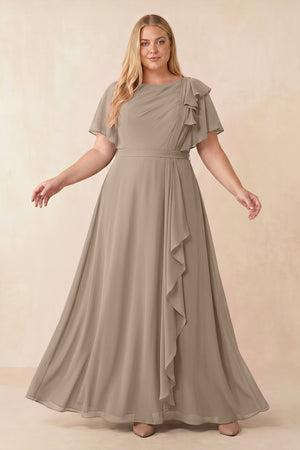 Almond Short Sleeves Bateau A-Line Chiffon Bridesmaid Dress [sizeplus] | KISSBRIDAL