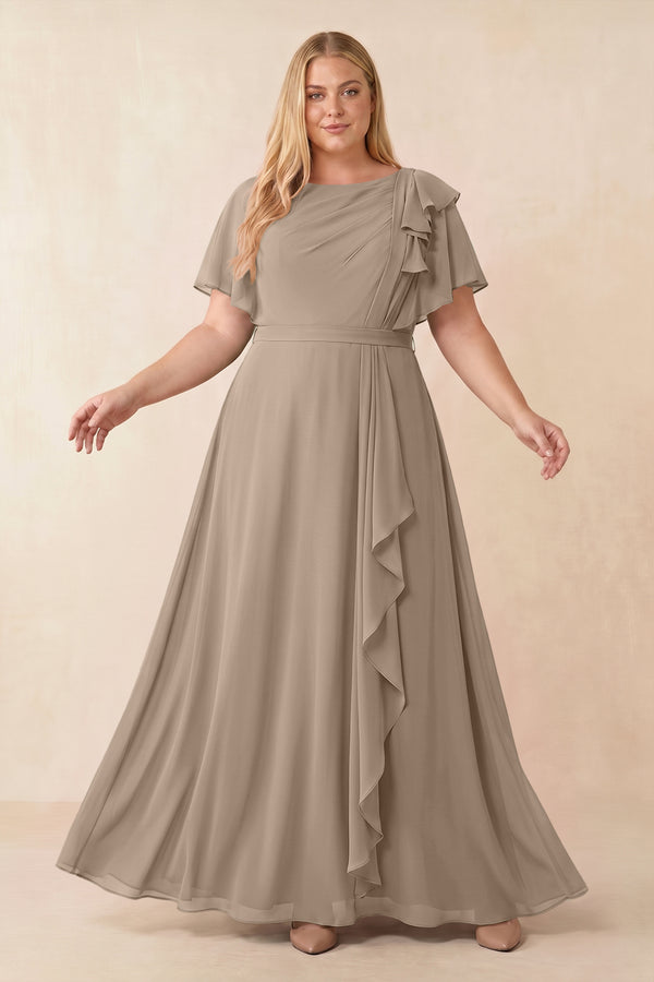 Almond Short Sleeves Bateau A-Line Chiffon Bridesmaid Dress [sizeplus] | KISSBRIDAL