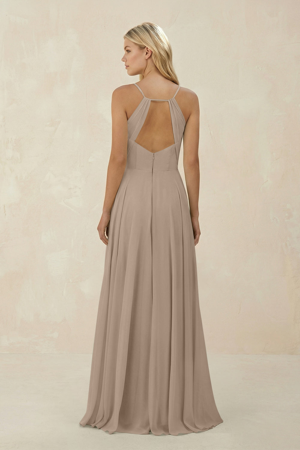 Spaghetti Strap A-Line Chiffon Bridesmaid Dress in Almond