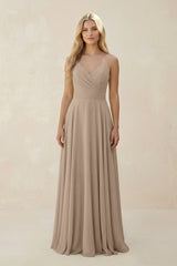 Almond Spaghetti Strap A-Line Chiffon Bridesmaid Dress | KISSBRIDAL