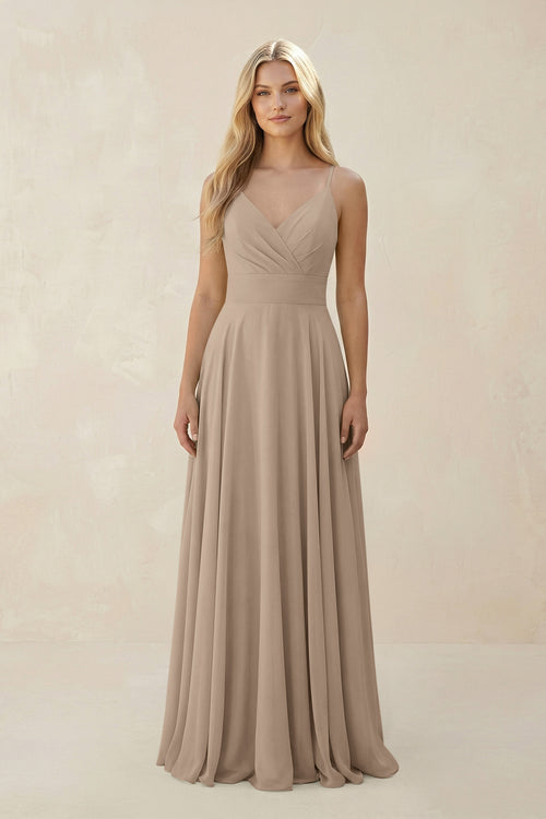 Almond Spaghetti Strap A-Line Chiffon Bridesmaid Dress | KISSBRIDAL
