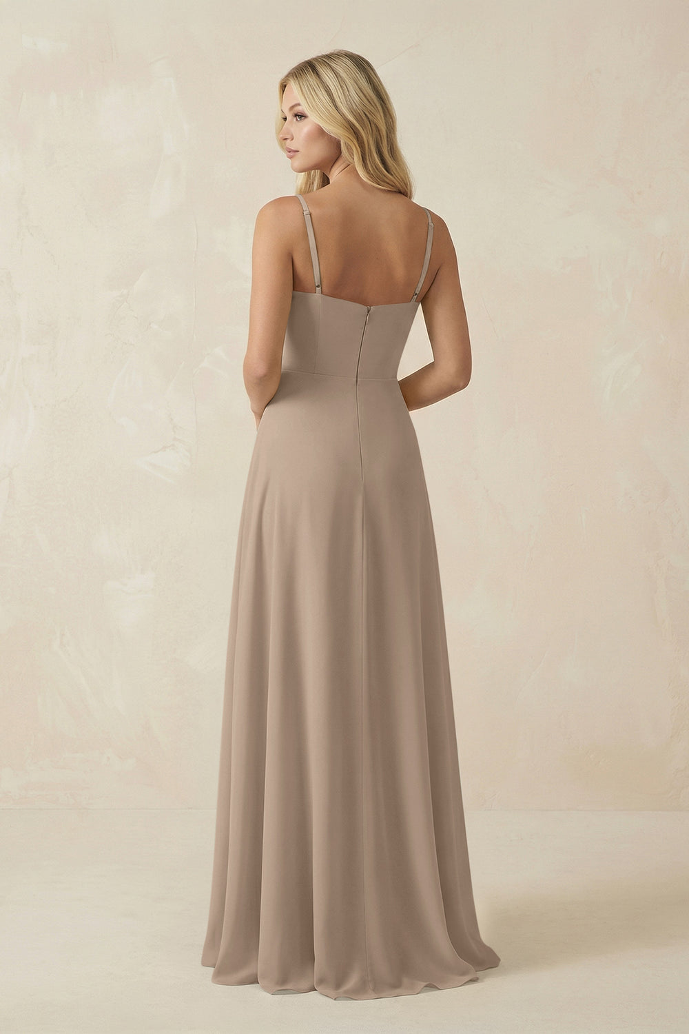 Spaghetti Strap Chiffon A-Line Bridesmaid Dress in Almond