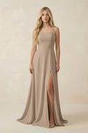 Almond Spaghetti Strap Chiffon A-Line Bridesmaid Dress | KISSBRIDAL