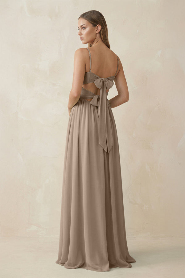 Almond Spaghetti Strap Pleated A-Line Chiffon Bridesmaid Dress (2) | KISSBRIDAL