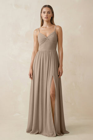 Almond Spaghetti Strap Pleated A-Line Chiffon Bridesmaid Dress | KISSBRIDAL