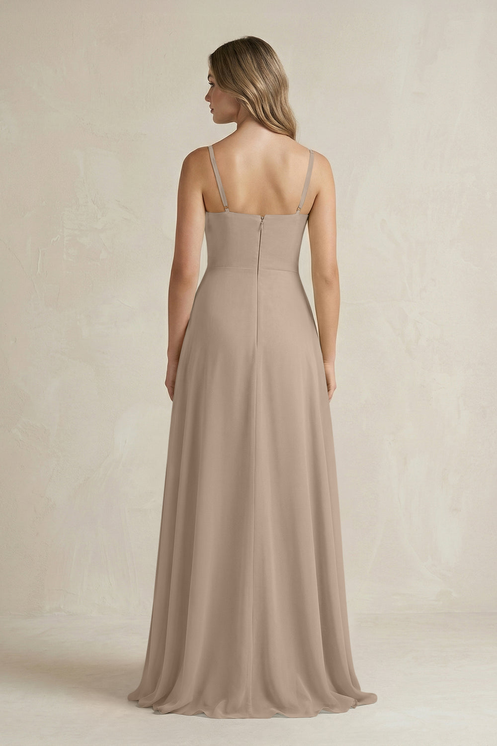 Spaghetti Strap Ruffled A-Line Chiffon Bridesmaid Dress in Almond