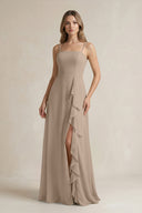 Almond Spaghetti Strap Ruffled A-Line Chiffon Bridesmaid Dress | KISSBRIDAL