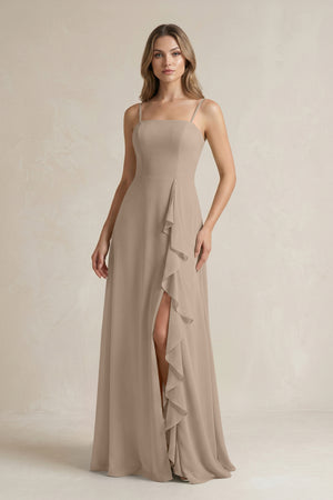 Almond Spaghetti Strap Ruffled A-Line Chiffon Bridesmaid Dress | KISSBRIDAL