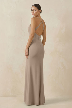 Almond Spaghetti Strap Sheath Chiffon Bridesmaid Dress With Slit (2) | KISSBRIDAL