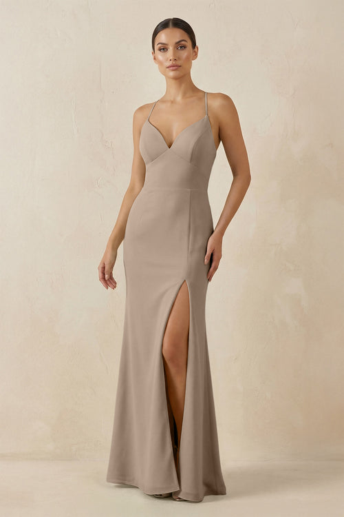 Almond Spaghetti Strap Sheath Chiffon Bridesmaid Dress With Slit | KISSBRIDAL