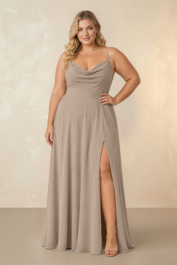 Almond Spaghetti Straps Chiffon A-Line Bridesmaid Dress [sizeplus] | KISSBRIDAL