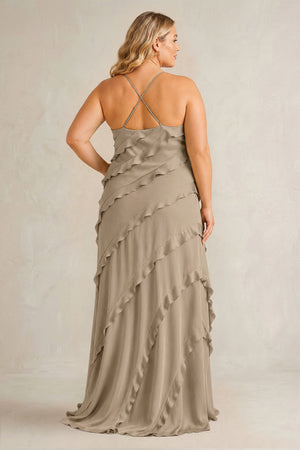 Almond Spaghetti Straps Sheath Stain Ruffled Bridesmaid Dress (2) | KISSBRIDAL[sizeplus]