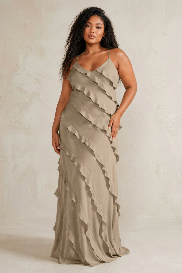 Almond Spaghetti Straps Sheath Stain Ruffled Bridesmaid Dress (3) | KISSBRIDAL[sizeplus]