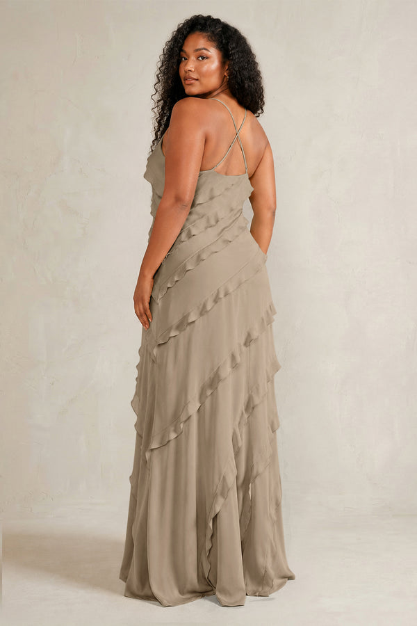 Almond Spaghetti Straps Sheath Stain Ruffled Bridesmaid Dress (4) | KISSBRIDAL[sizeplus]