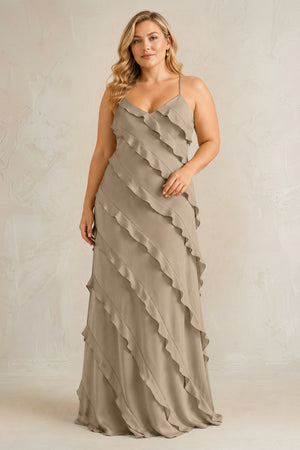 Almond Spaghetti Straps Sheath Stain Ruffled Bridesmaid Dress | KISSBRIDAL[sizeplus]
