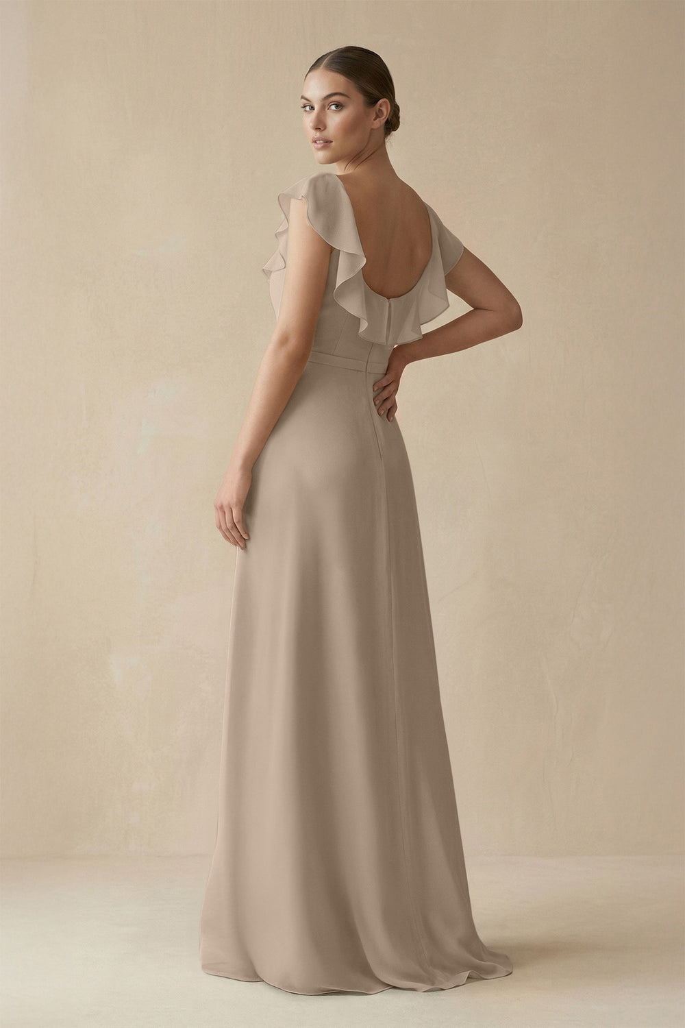 Square Neck A-Line Bridesmaid Dress with Ruffles in Almond