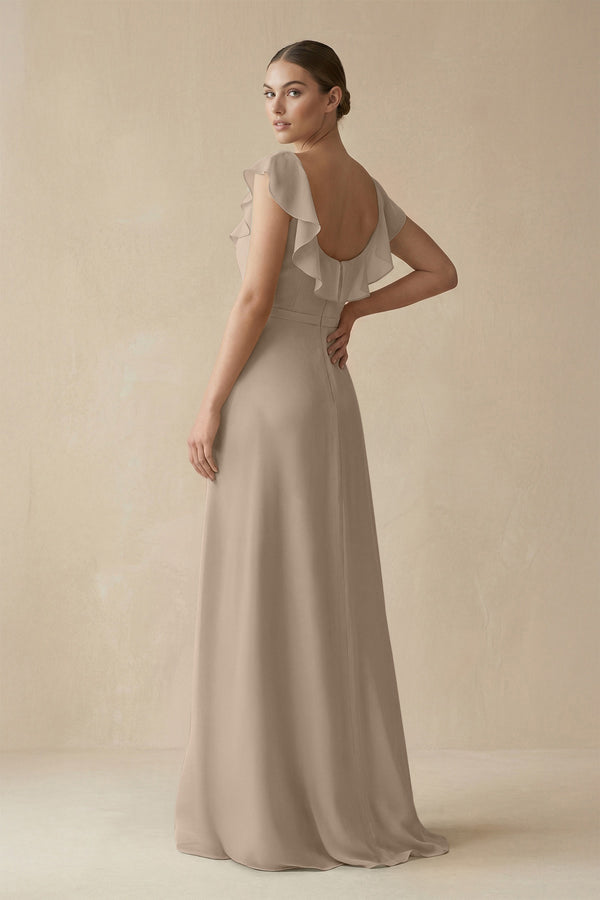 Almond Square Neck A-Line Bridesmaid Dress with Ruffles (2) | KISSBRIDAL
