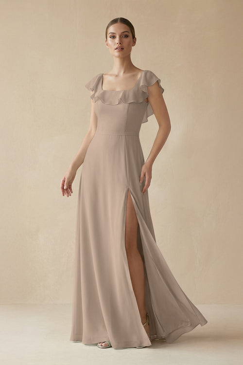 Almond Square Neck A-Line Bridesmaid Dress with Ruffles | KISSBRIDAL