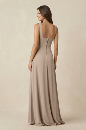 Almond Square Neck A-Line Bridesmaid Dress With Slit (2) | KISSBRIDAL