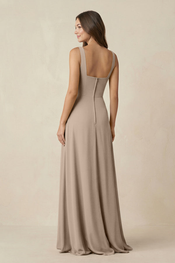 Almond Square Neck A-Line Bridesmaid Dress With Slit (2) | KISSBRIDAL