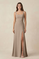 Almond Square Neck A-Line Bridesmaid Dress With Slit | KISSBRIDAL