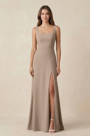 Almond Square Neck A-Line Bridesmaid Dress With Slit | KISSBRIDAL