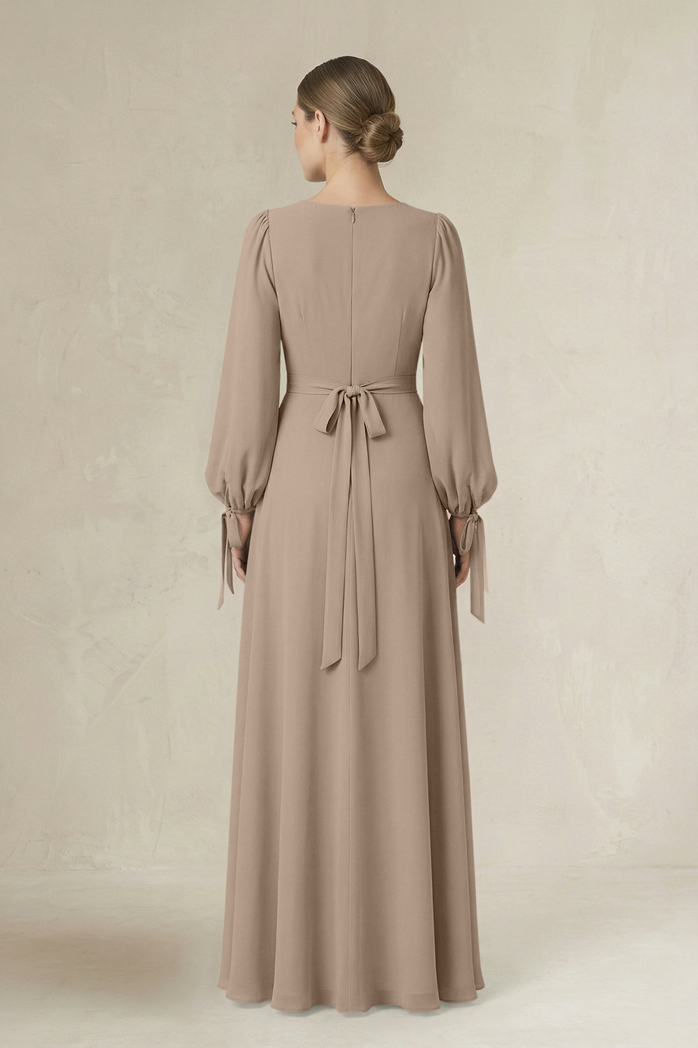 Square Neck Long Sleeve A-Line Chiffon Bridesmaid Dress in Almond