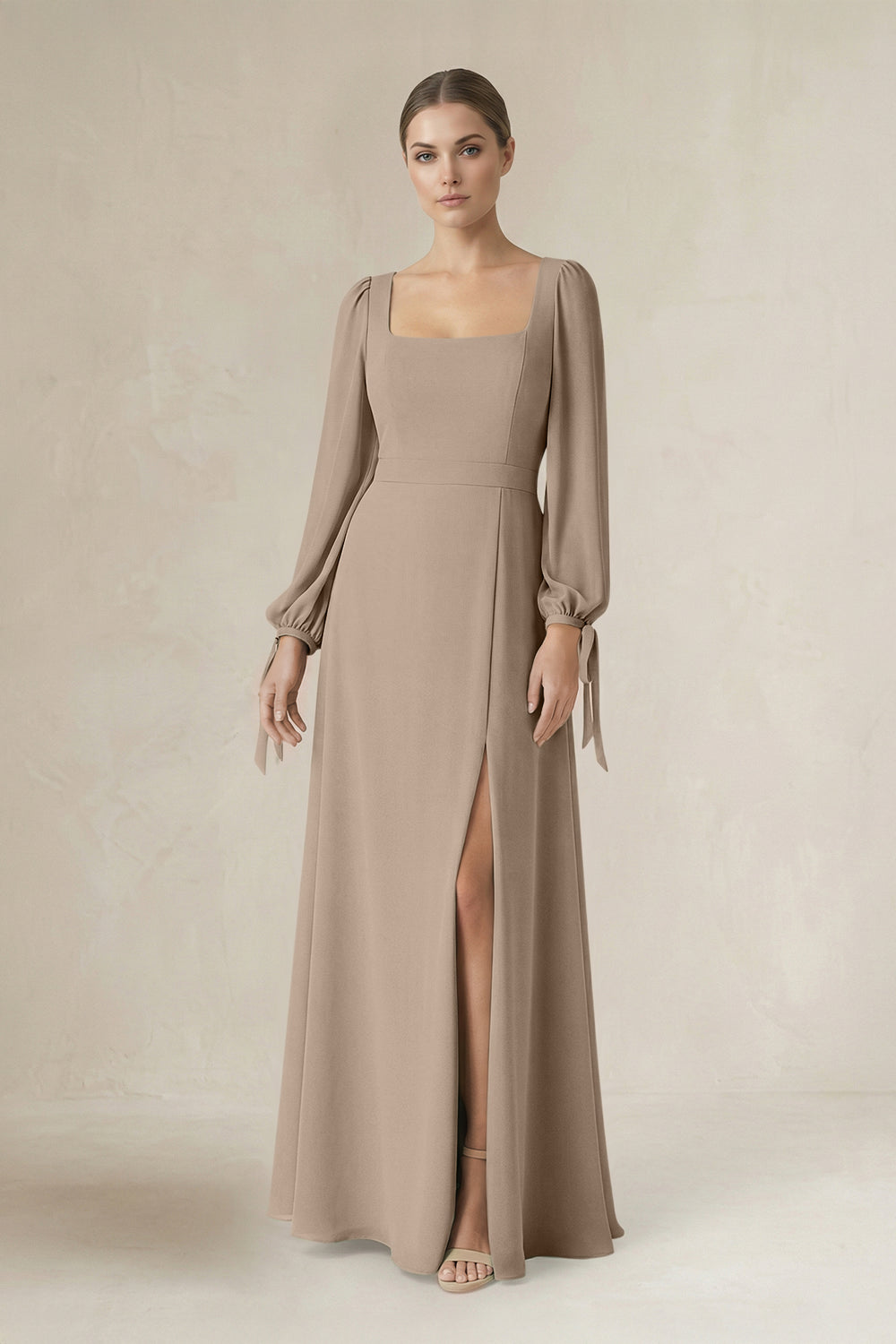 Square Neck Long Sleeve A-Line Chiffon Bridesmaid Dress in Almond