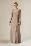 Almond Square Neck Long Sleeve A-Line Chiffon Bridesmaid Dress in Almond | KISSBRIDAL