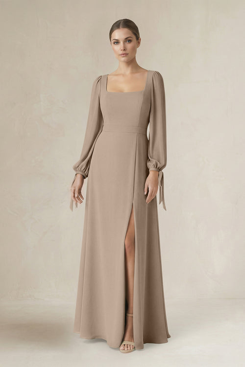 Almond Square Neck Long Sleeve A-Line Chiffon Bridesmaid Dress in Almond | KISSBRIDAL