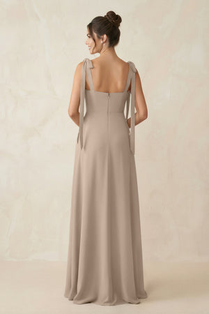Almond Square Neck Sheath Chiffon Bridesmaid Dress with Bow (2) | KISSBRIDAL