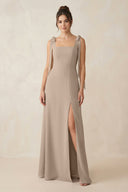Almond Square Neck Sheath Chiffon Bridesmaid Dress with Bow | KISSBRIDAL