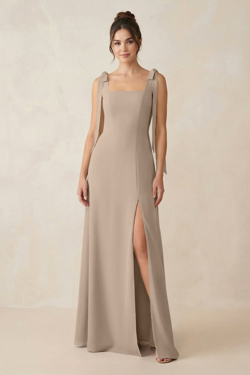Almond Square Neck Sheath Chiffon Bridesmaid Dress with Bow | KISSBRIDAL
