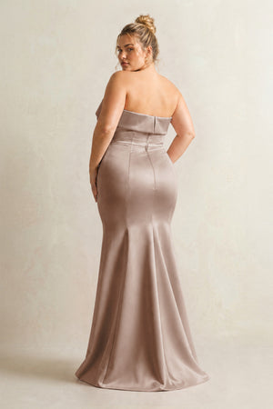 Almond Strapless Satin Mermaid Bridesmaid Dress (2) [sizeplus] | KISSBRIDAL