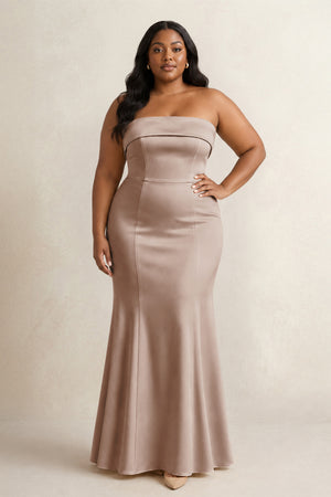 Almond Strapless Satin Mermaid Bridesmaid Dress (3) [sizeplus] | KISSBRIDAL