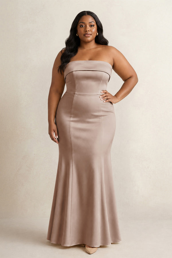 Almond Strapless Satin Mermaid Bridesmaid Dress (3) [sizeplus] | KISSBRIDAL