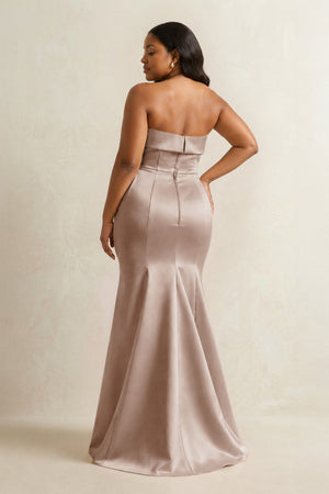 Almond Strapless Satin Mermaid Bridesmaid Dress (4) [sizeplus] | KISSBRIDAL