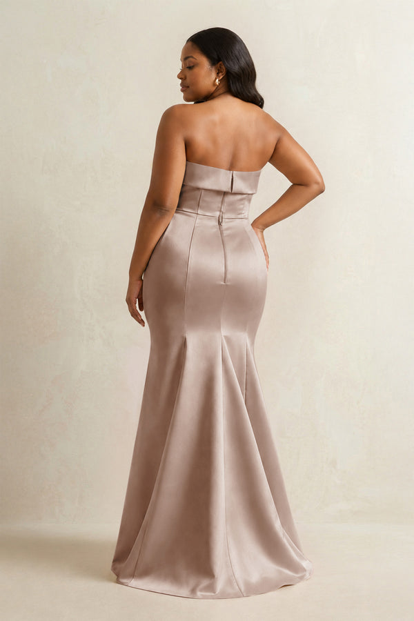 Almond Strapless Satin Mermaid Bridesmaid Dress (4) [sizeplus] | KISSBRIDAL