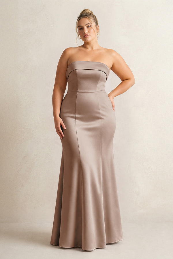 Almond Strapless Satin Mermaid Bridesmaid Dress [sizeplus] | KISSBRIDAL