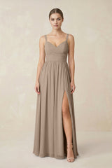 Almond Sweetheart A-Line Chiffon Bridesmaid Dress with Slit in Almond | KISSBRIDAL