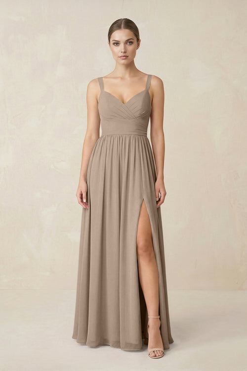Almond Sweetheart A-Line Chiffon Bridesmaid Dress with Slit in Almond | KISSBRIDAL