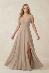Almond Sweetheart A-Line Chiffon Long Bridesmaid Dress | KISSBRIDAL
