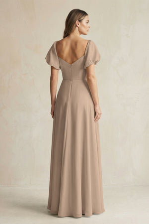 Almond Sweetheart Puff Sleeve A-Line Chiffon Bridesmaid Dress (2) | KISSBRIDAL