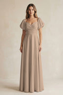 Almond Sweetheart Puff Sleeve A-Line Chiffon Bridesmaid Dress | KISSBRIDAL